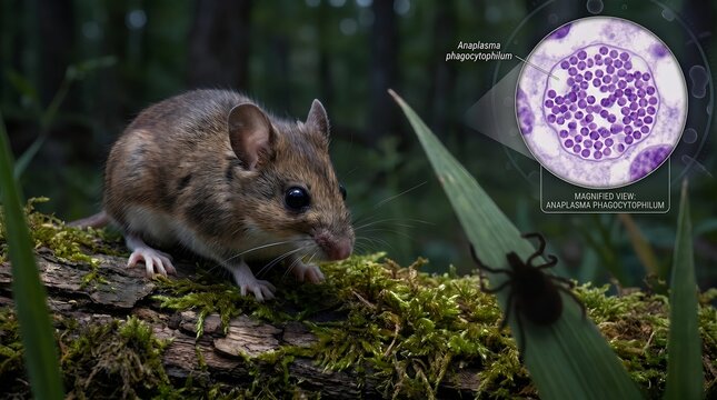 Deer mouse and a tick alongside a magnified microscopic view of anaplasma phagocytophilum bacteria, representing vector-borne disease transmission and wildlife zoonosis