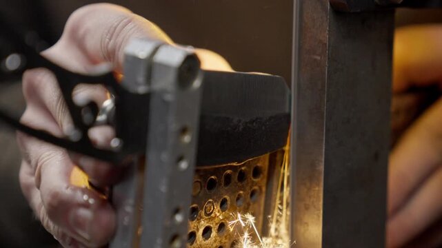 Knife is sharpened by blacksmith in workshop during making