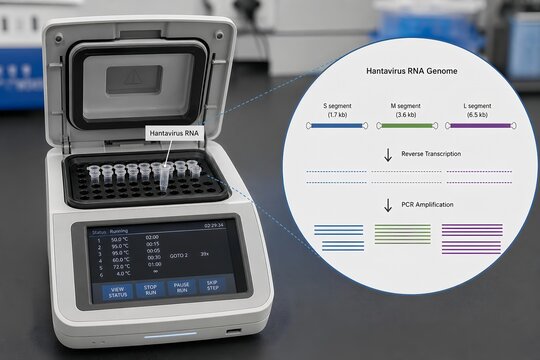 Close-up of laboratory equipment performing hantavirus rna genome amplification using pcr or rt-pcr technology, representing virology and infectious disease research