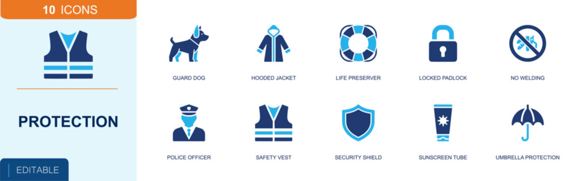 Protection icon set. Containing guard dog, hooded jacket, life ring, locked padlock, police officer, safety vest, security shield, sunscreen, umbrella and more. Solid fill vector icons.