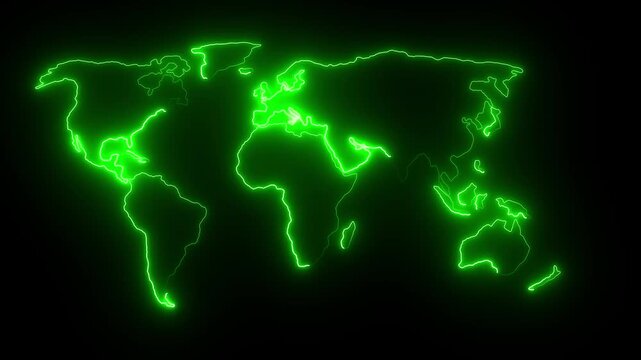Dynamic neon world map animation for global business expansion.4k Digital Technology World Map Animation. World map travel across continents