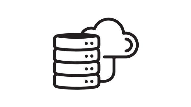 Database server icon with stacked cylinders and cloud outline, simple line art for technology interface graphics