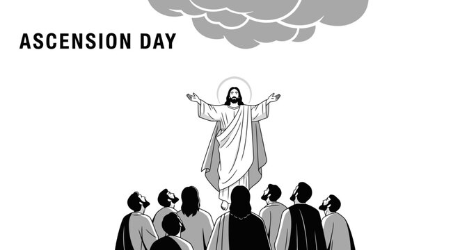 Monochrome illustration showing a spiritual figure's ascension to heaven, witnessed by devoted disciples gazing upwards in a moment of profound reverence