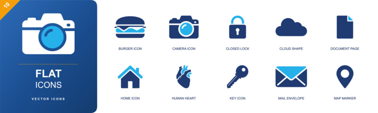 Flat icons icon set. Containing burger icon, camera icon, closed lock, cloud shape, document page, home icon, human heart, key icon, mail envelope and more. Solid fill vector icons.