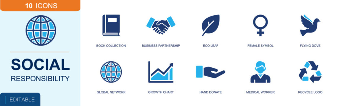 Social responsibility icon set. Containing business partnership, eco leaf, female symbol, dove, global network, growth chart, donate hand, medic, recycle and more. Solid fill vector icons.