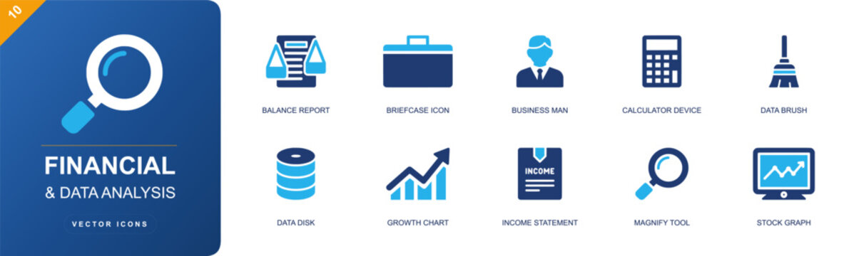 Financial data analysis icon set. Containing balance report, briefcase, calculator, data disk, growth chart, income file, magnifier, stock graph, analyst and more. Solid fill vector icons.