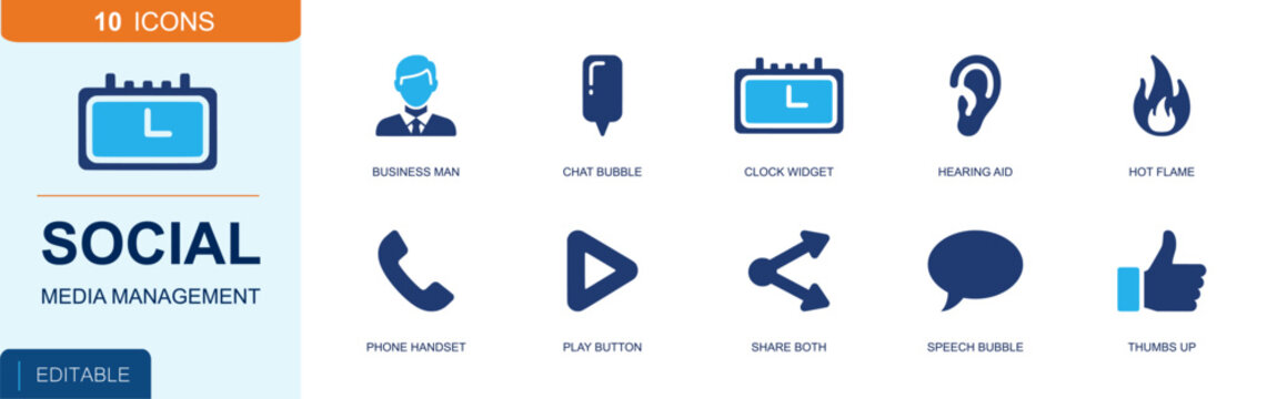 Social media management icon set. Containing businessman, chat bubble, clock widget, hearing aid, flame, phone handset, play button, share arrow, thumbs up and more. Solid fill vector icons.