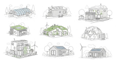 Naklejka premium Collection of Sustainable Eco Friendly House Designs Sketches.