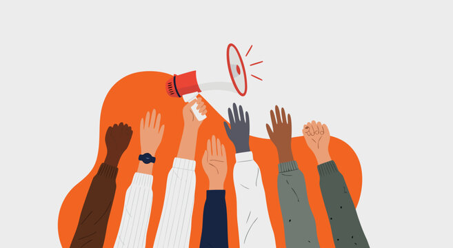 Diverse group of people raising hands with a megaphone vector illustration.