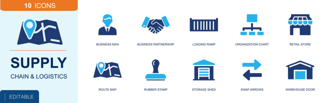 Supply chain logistics icon set containing manager, handshake, loading dock, organization chart, retail store, route map, warehouse door, swap arrows and more, solid fill vector icons.