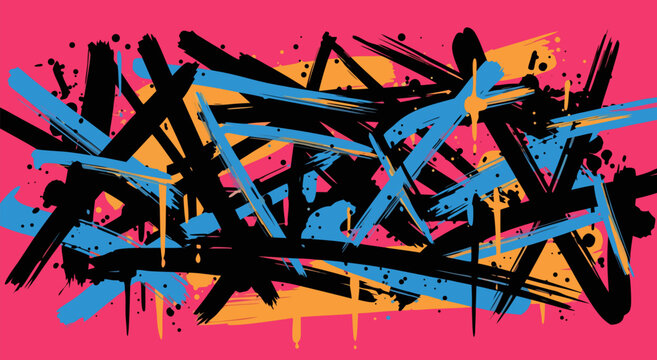 Vibrant Graffiti Art Illustration Vector with Yellow Blue Black Lines on Pink Background