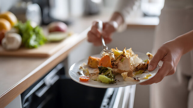 A close-up view of hands holding a plate with leftover food scraps, ready for disposal, in a modern home kitchen setting