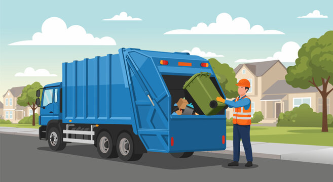 A vector illustration of a sanitation worker collecting trash from a green bin into a blue garbage truck on a suburban street with houses and trees.