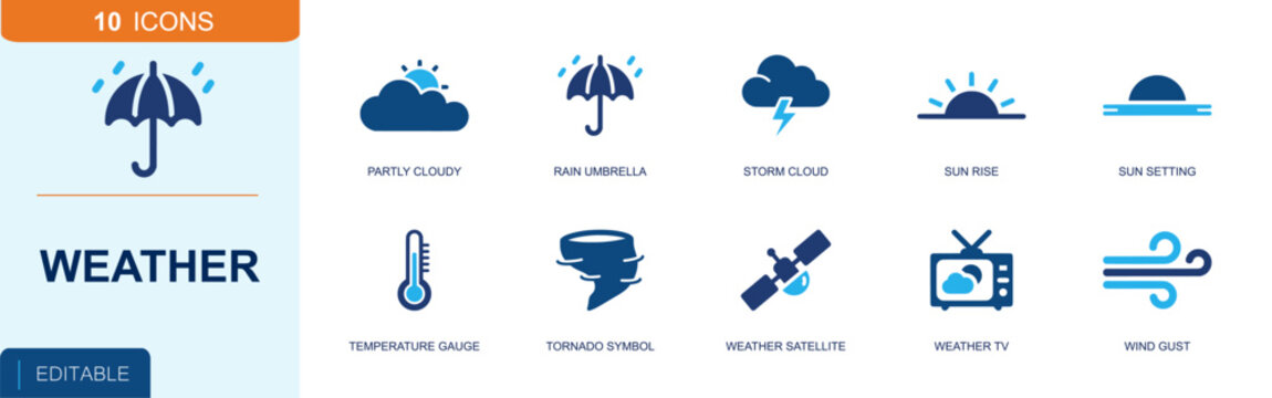 Weather icon set. Containing partly cloudy, rain umbrella, storm cloud, sunrise, sunset, temperature gauge, tornado, weather satellite, wind gust and more. Solid fill vector icons.