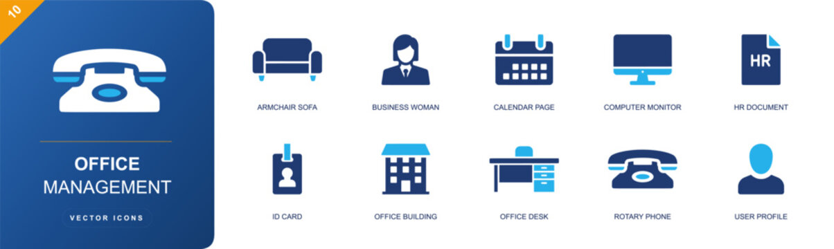 Office management icon set. Containing armchair sofa, business woman, calendar page, computer monitor, HR document, office desk, rotary phone, user profile and more. Solid fill vector icons.