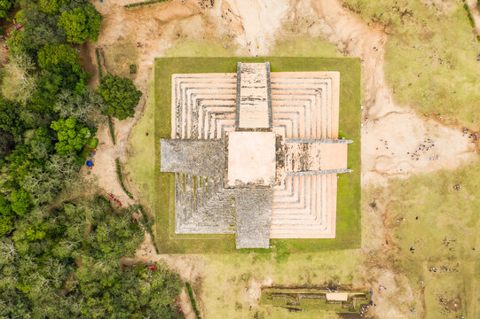Aerial top down view of Chichen Itza pyramids, Mexico.