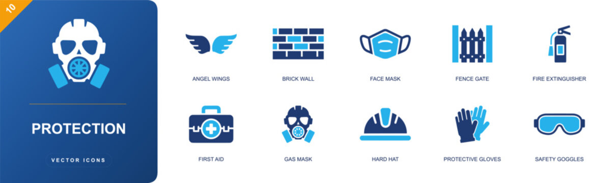 Protection icon set. Containing face mask, fire extinguisher, first aid, gas mask, hard hat, protective gloves, safety goggles, fence gate, brick wall and more. Solid fill vector icons.
