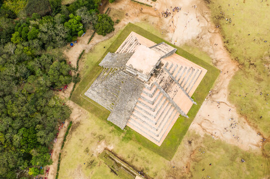 Aerial top down view of Chichen Itza pyramids, Mexico.