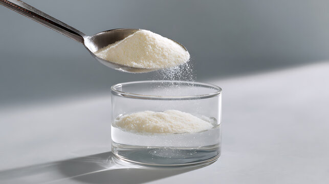 Close up view of white powder falling from a silver spoon into a clear glass containing water, illustrating solubility and mixing process