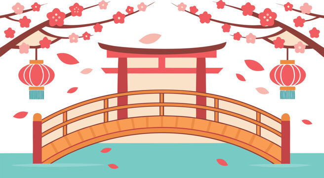 Traditional japanese torii bridge with cherry blossoms and red lanterns