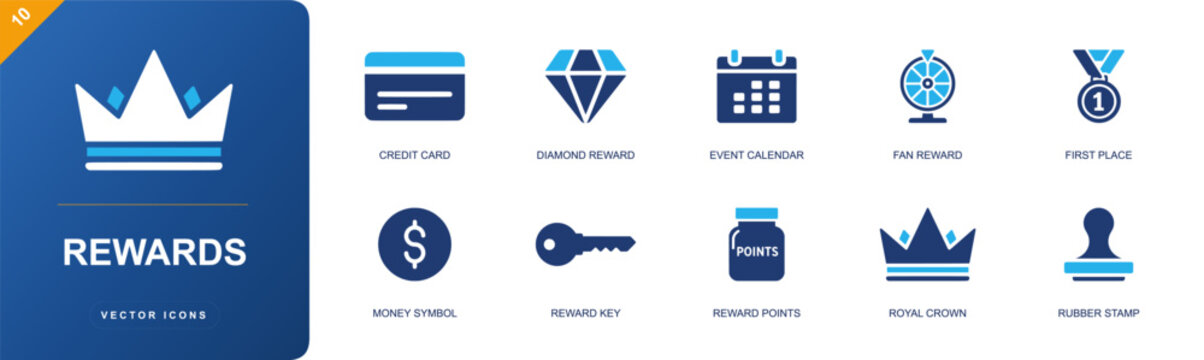 Rewards icon set. Containing credit card, diamond reward, event calendar, prize wheel, first place medal, money symbol, reward key, points jar, royal crown and more. Solid fill vector icons.