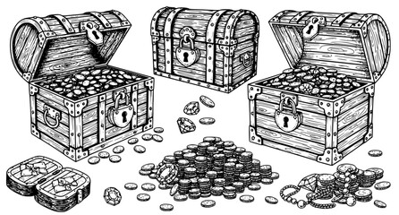 Treasure chests filled with gold coins and sparkling diamonds vector illustration set isolated on white background for pirate themed games and adventure fantasy design elements with wealth concepts © Neoviz Studio