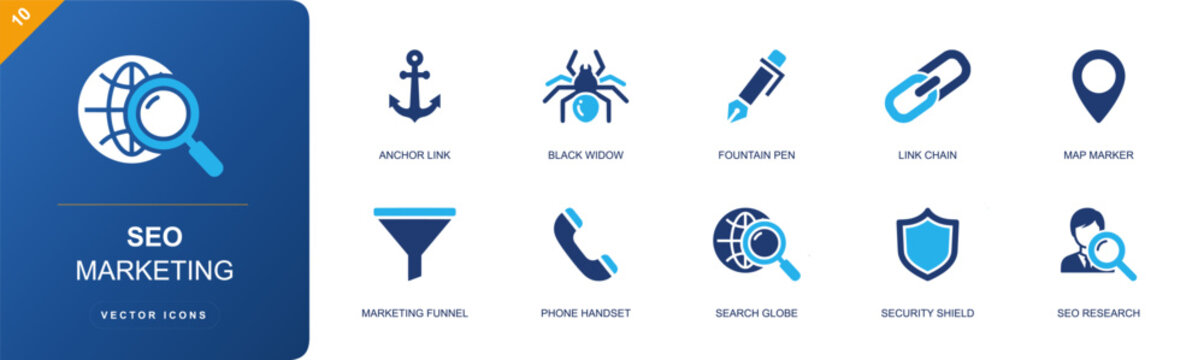 SEO marketing icon set. Containing anchor link, spider crawl, fountain pen, map marker, marketing funnel, phone handset, search globe, shield, SEO audit and more. Solid fill vector icons.