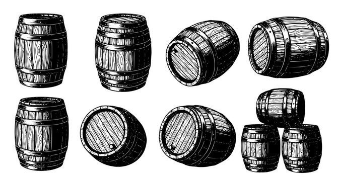 Wooden Barrel Vintage Illustration Set &ndash; Rustic Storage Container Sketch Vector