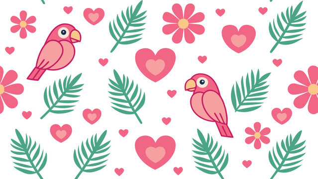 Soft pastel pink parakeets with floral hearts and ferns seamless pattern
