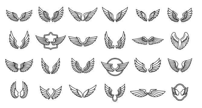 Collection of various angel wings and decorative feather emblems vector illustration set isolated on white background for tattoo designs and vintage logo branding and heraldic crest elements