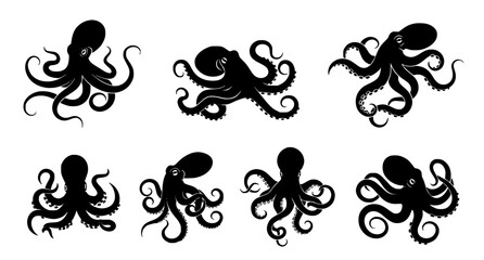 Collection of various octopus silhouettes in different swimming and curling poses as black vector graphic set isolated on white background for marine design © Neoviz Studio