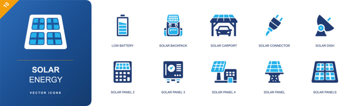 Solar energy icon set. Containing battery, solar backpack, solar carport, solar connector, solar dish, calculator, inverter, solar panel, solar tower and more. Solid fill vector icons.