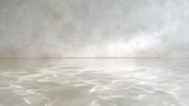 Seamless studio backdrop featuring a textured white wall meeting a tranquil reflective water surface in neutral tones