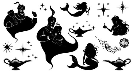 Magical collection of genie silhouettes mermaids and magic lamps with stars isolated on white background as a fantasy vector graphic set for fairy tale or mystical design projects and illustrations © Neoviz Studio