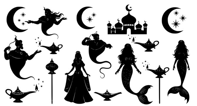 Magical fantasy silhouettes collection featuring genies and mermaids and oriental palaces and magic lamps isolated on white background as high quality vector art for fairy tale and storybook design