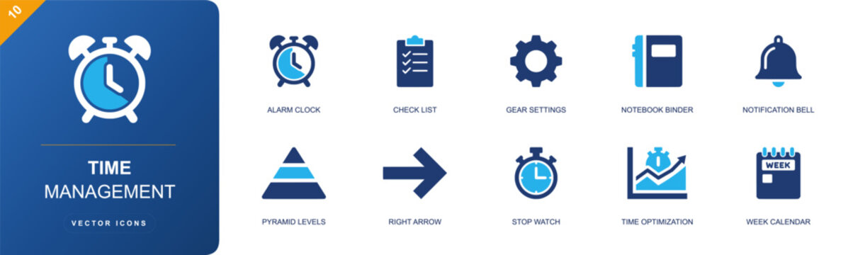 Time management icon set. Containing alarm clock, checklist, settings gear, notebook, notification bell, stopwatch, calendar, optimization chart, arrow and more. Solid fill vector icons.
