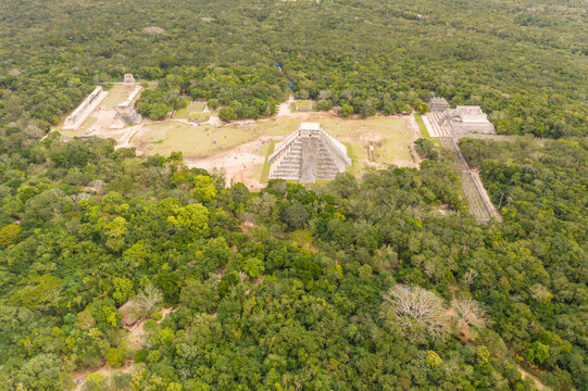 Aerial view of Chichen Itza pyramids, Mexico.