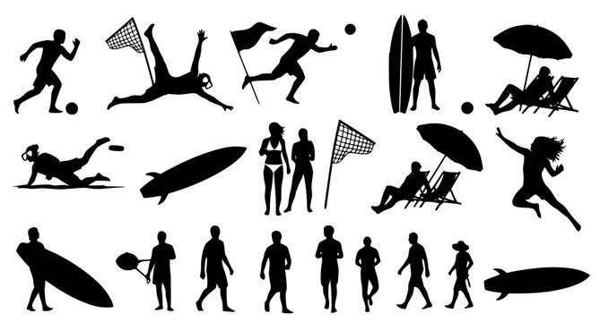 Summer beach activity silhouettes set including surfing and volleyball and sunbathing and relaxing under umbrellas as active lifestyle vector collection isolated on white background for travel design