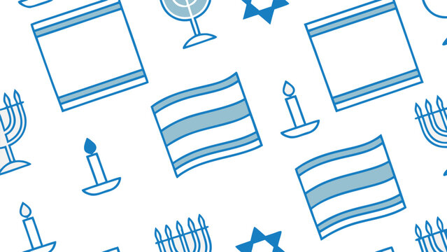 Light blue star of david and hanukkah menorah seamless pattern