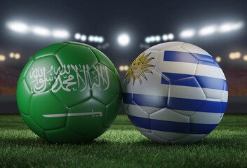 Fototapeta premium Two soccer balls in flags colors on a stadium blurred background. Saudi Arabia vs Uruguay. 3D image.