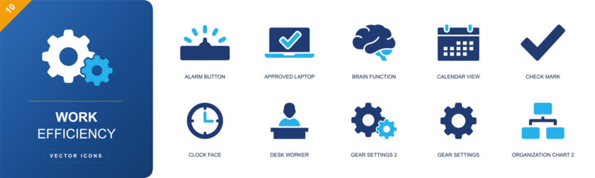 Work efficiency icon set. Containing alarm button, approved laptop, brain function, calendar, check mark, clock, desk worker, gear settings, org chart and more. Solid fill vector icons.