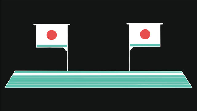 Minimalist race track with japanese flags and color-coded striped blocks