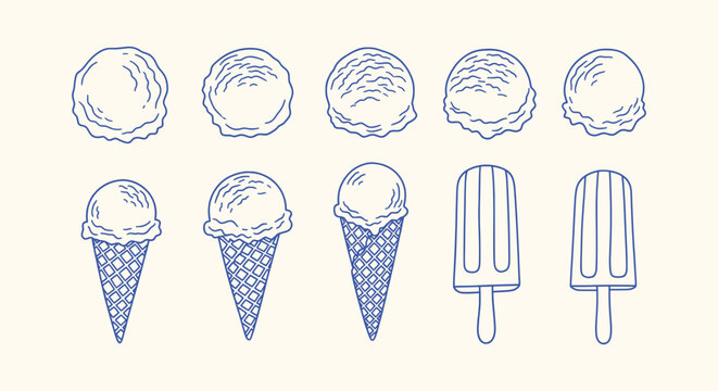 Hand-drawn Ice Cream Scoop Cone and Popsicle Icons Blue Line Art Minimalist Vector Illustration Set