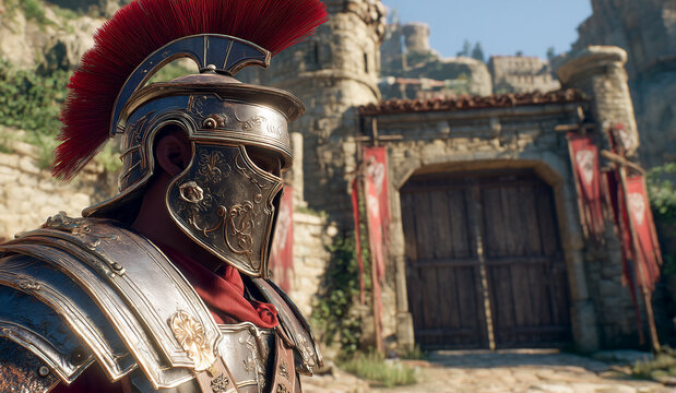roman centurion in traditional armor standing at the gates of a stone fortress castrum