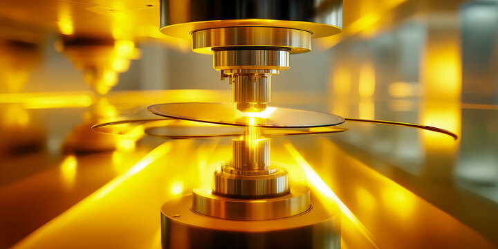  robotic arm handling silicon wafer in semiconductor cleanroom with yellow safety lighting for electronics manufacturing