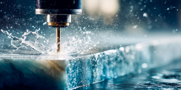high pressure water jet cutter slicing through thick marble slab with intense spray for industrial stone processing