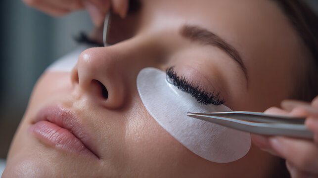 Close-up of a young woman receive eyelash extension treatment at a beauty salon, showcasing professional application for enhanced beauty and appearance