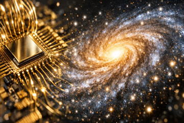 Fototapeta premium Futuristic galaxy concept with a computer chip in space