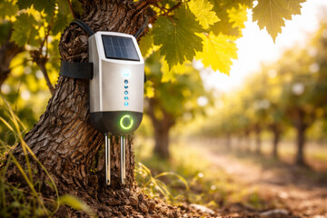 Obraz premium Solar-powered moisture sensor monitoring vineyard irrigation needs
