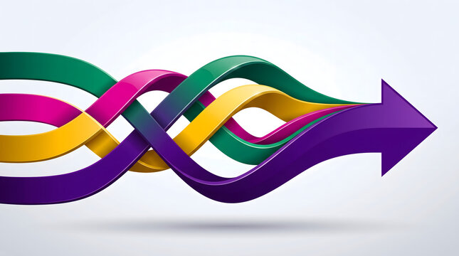 Dynamic illustration of colorful intertwined lines converging into a unified arrow, symbolizing synergy, progress, and the integration of diverse paths towards a common goal or future